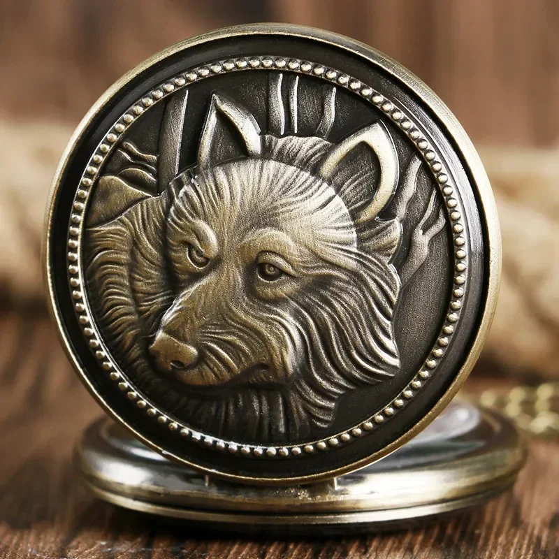 Retro Carved Wolf Dog Pattern Men Women Analog Quartz Pocket Watch Arabic Number Display Clock with Necklace Chain Gift