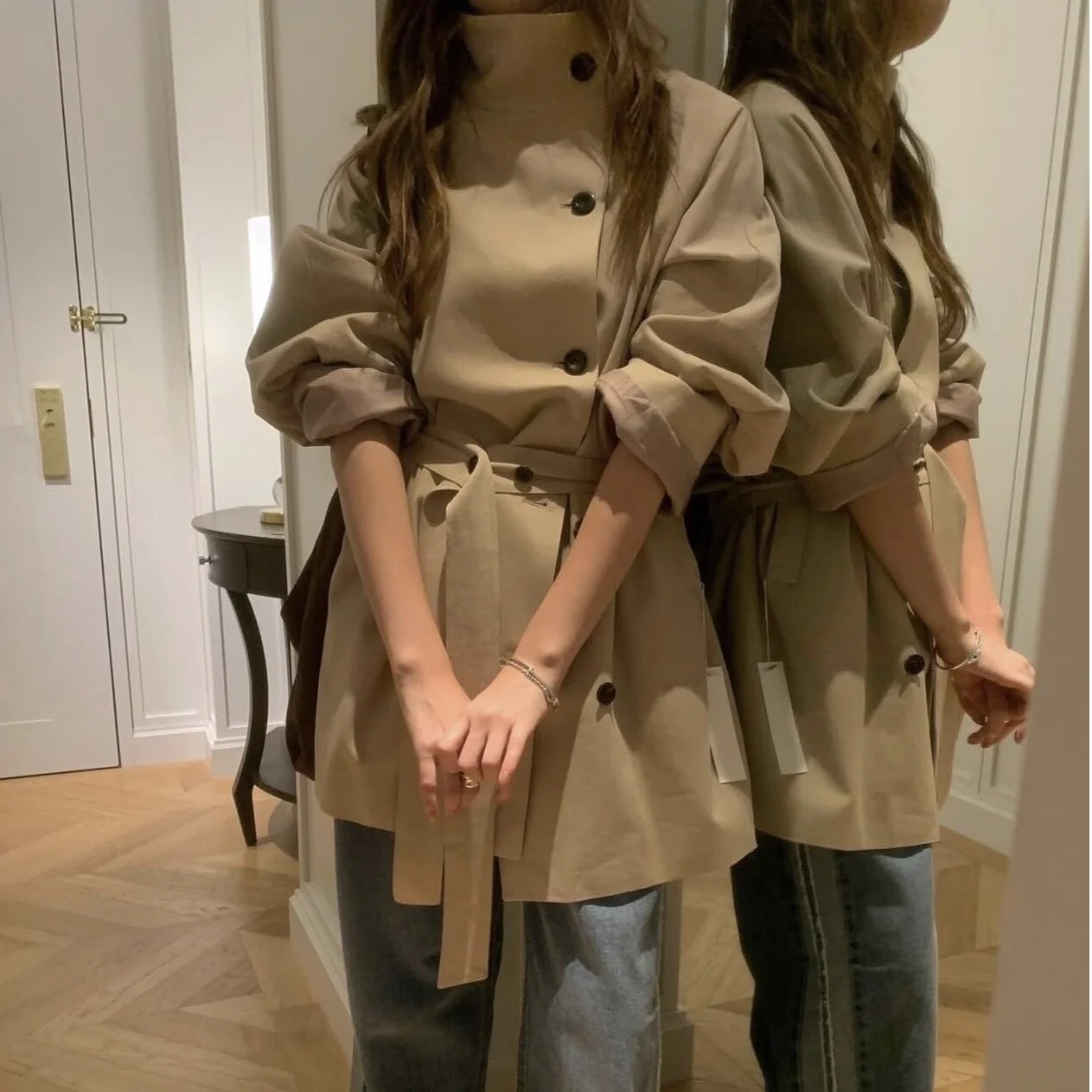 Loose Korean Style Button up Windbreaker Coat Autumn New Arrival Casual Fashion Women's Medium Length Coat Loose Fit Style