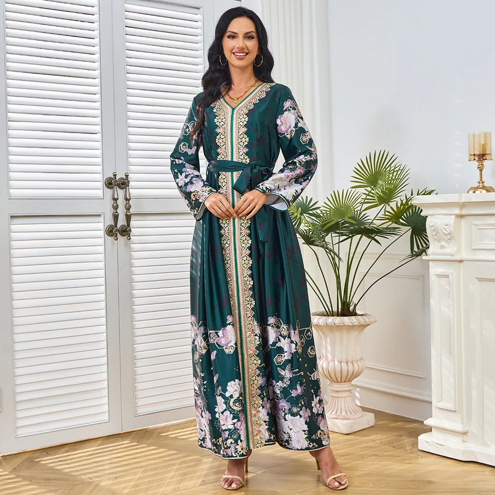 

Женский мусульманский халат Абая из Саудовской Аравии Ближневосточного Востока, платье макси в стиле Дубая с v-образным вырезом и вышивкой в этническом стиле с длинными рукавами