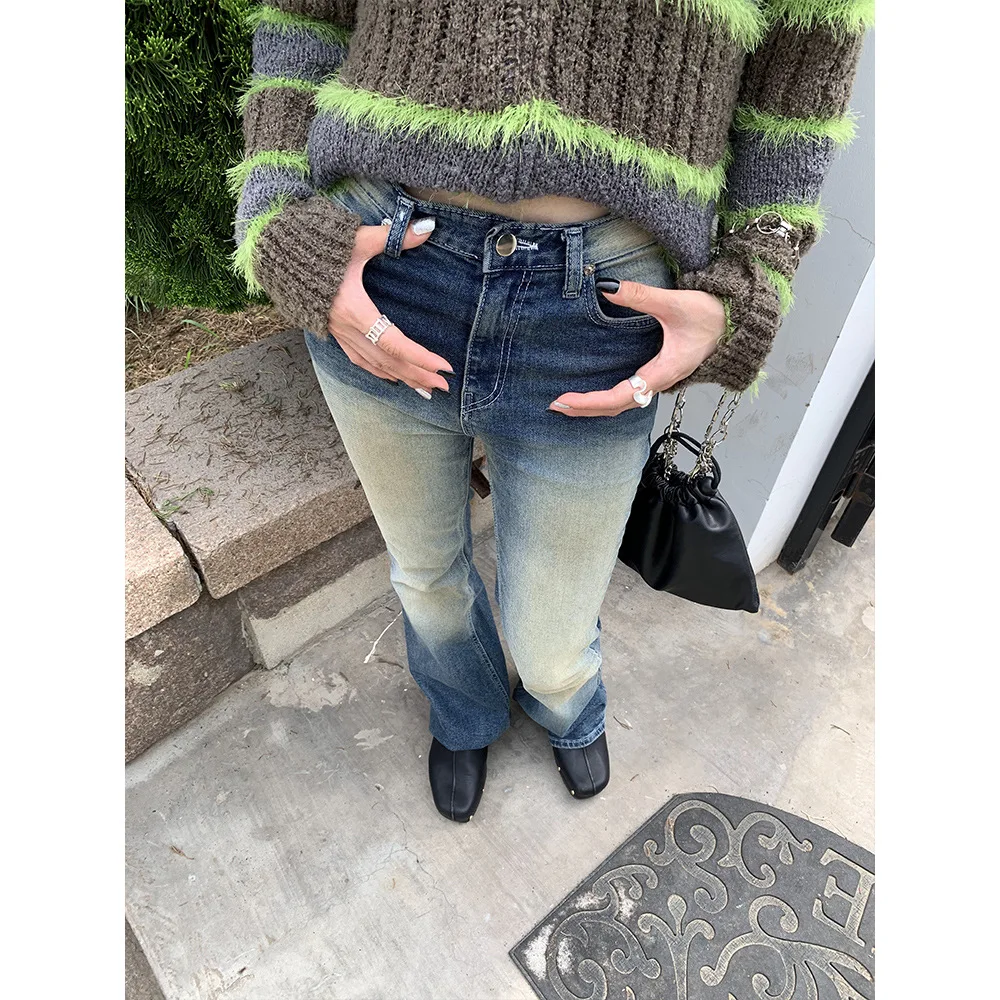 Micro calças retrô lavadas para mulheres, jeans casual slim, versão coreana, personalidade interna, início do outono, 2023