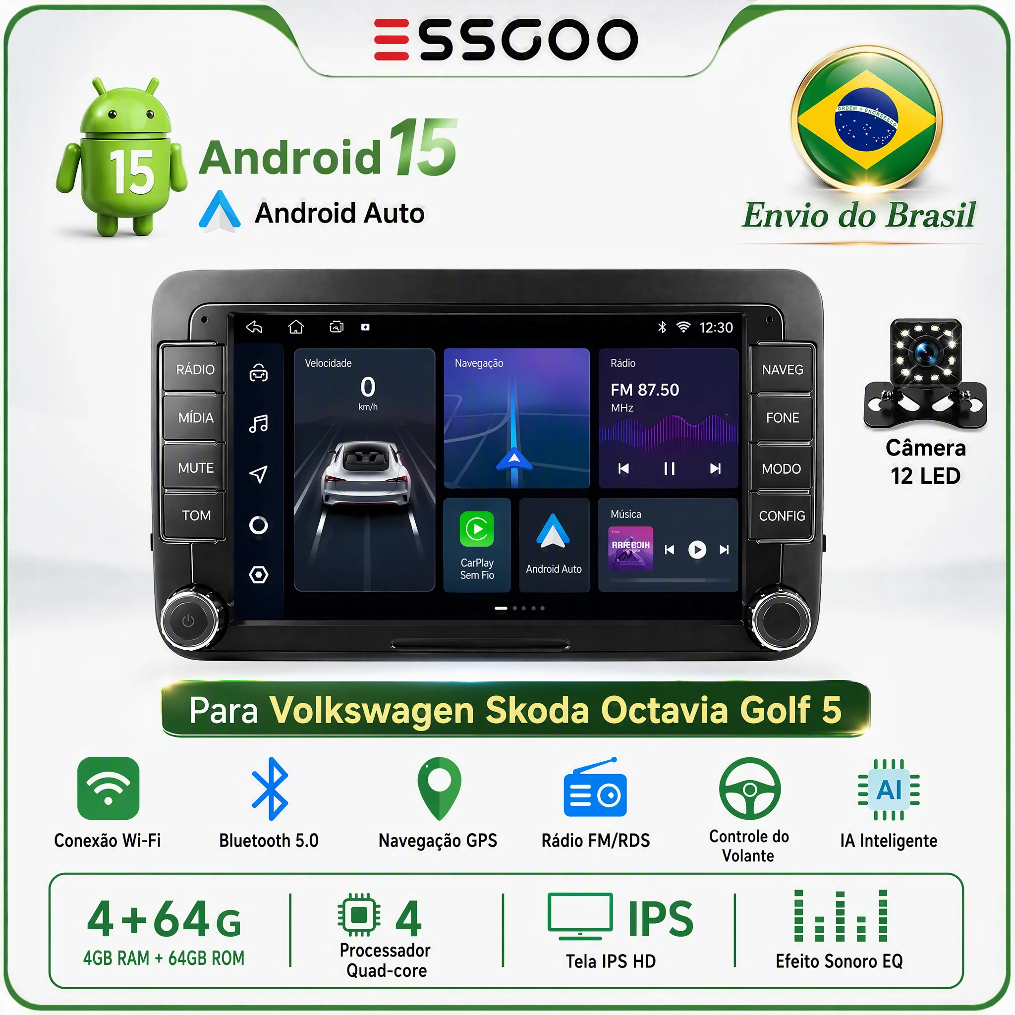 ESSGOO Rádio Android 15 CarPlay Sem Fio VW Seat