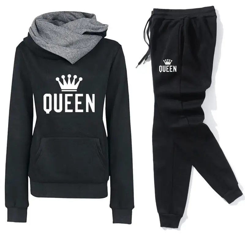 

Fashion Queen's Print Womens Clothes Casual Long Sleeve Hoodie + Pants Sports Suits Autumn winter Fleece Jogging Suit Pant Sets