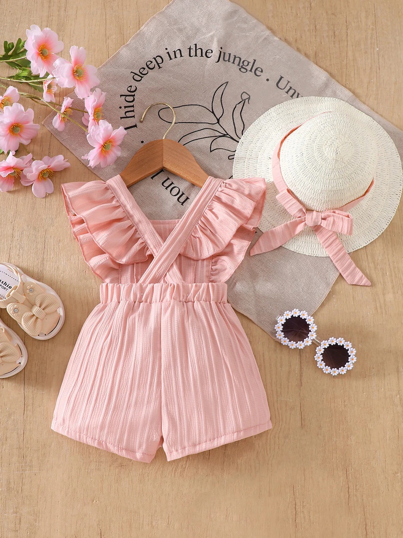 Baby Girl Summer Ruffled Romper + Straw Hat Set, Pink Sleeveless Cute Beach Vacation Outfit for Photoshoots