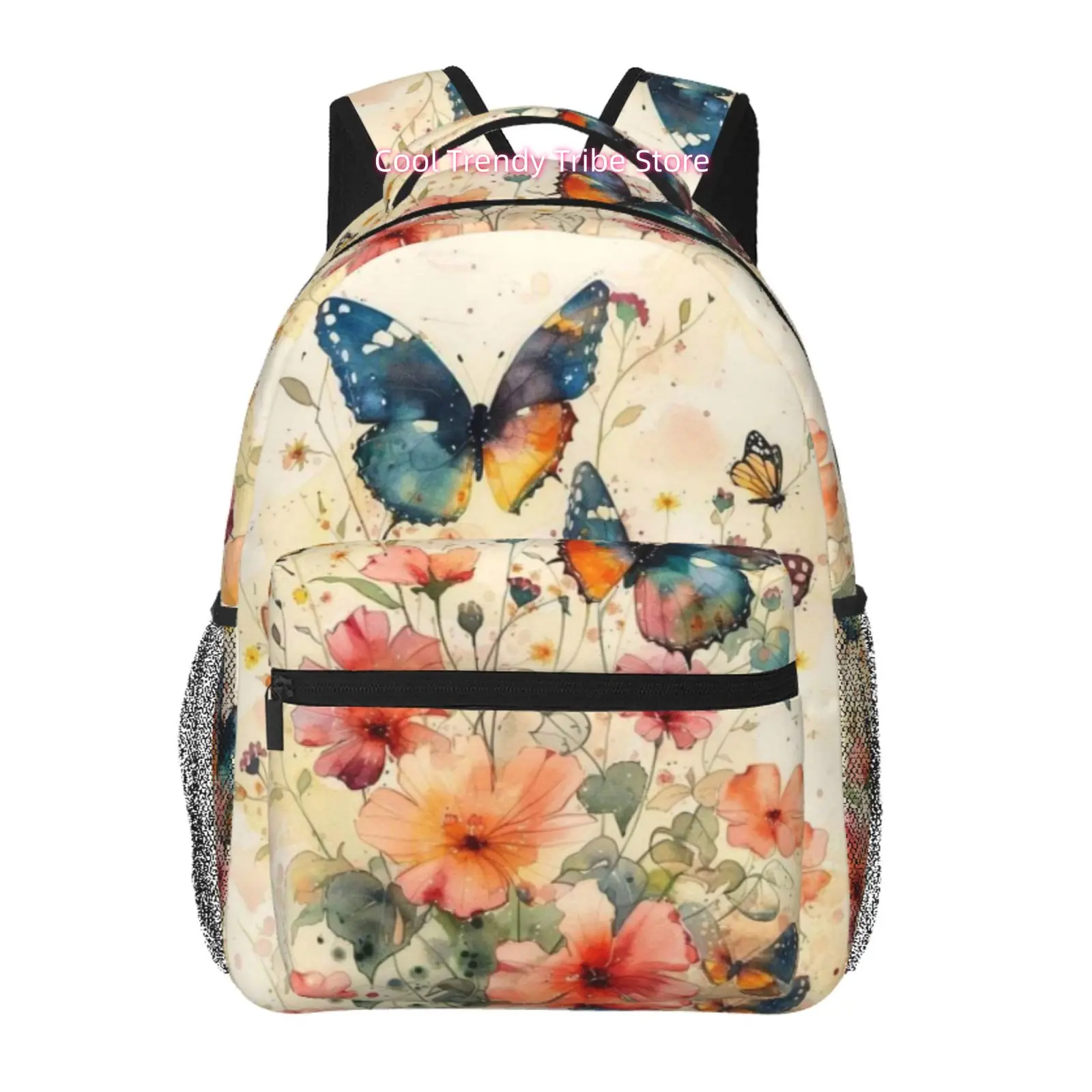 Watercolor Butterflies And Wildflowers Print Backpack, Oxford Cloth Adjustable Strap Casual Daypack, for Daily Commute, Weekend