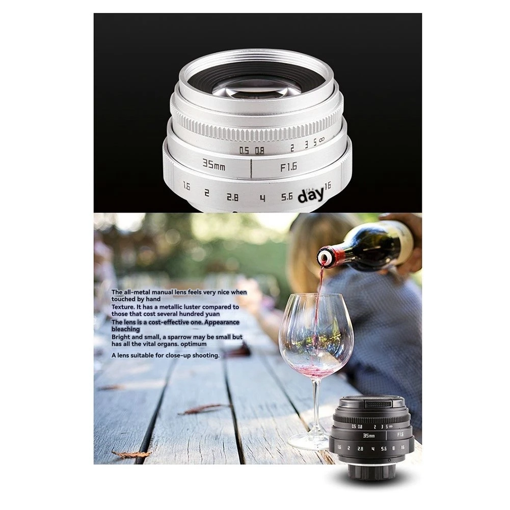 goodidea 35mm F1.6 Camera Lens Large Aperture Manual Fixed Portrait Camera Lens for C-Mount Cameras Accessory Silver