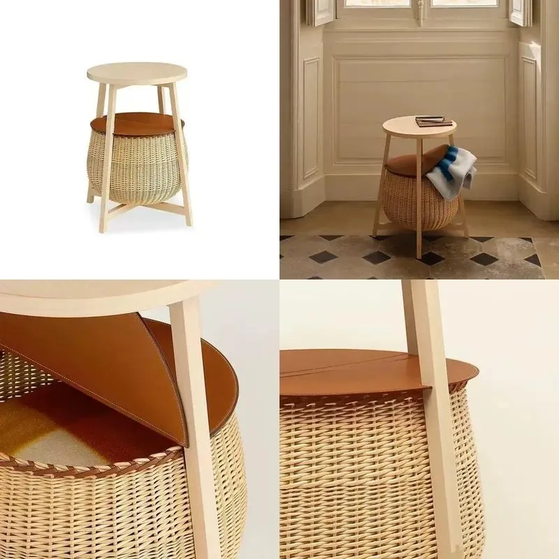 Luxury Lightweight Wooden Tripod Side Table with Rattan Storage Basket Domed Wicker Box Decorative Casual End Table for