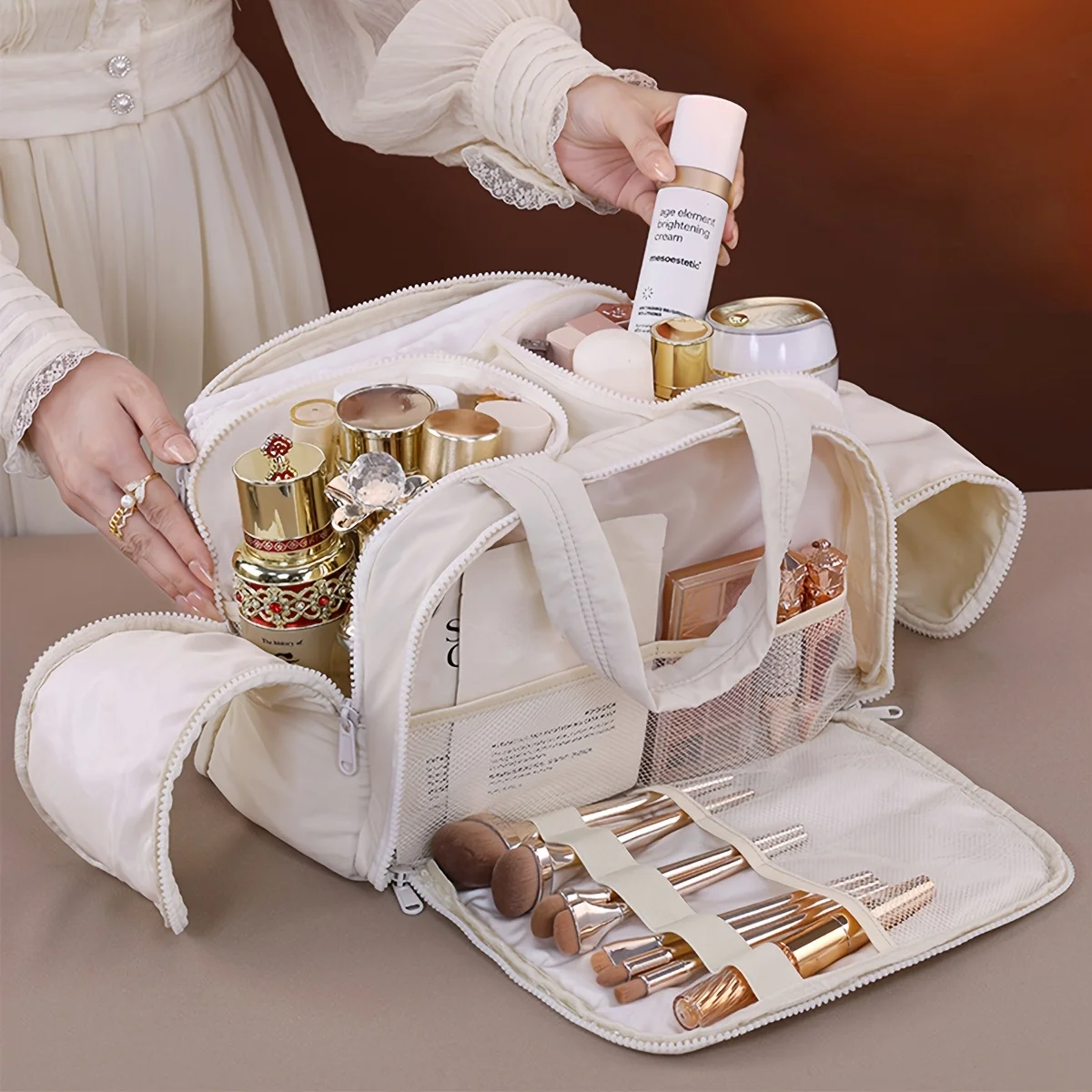 Portable Side Zipper Fabric Cosmetic Storage Bag Large Capacity For Business Trips Toiletries Organizing Bag Makeup Beauty Bags
