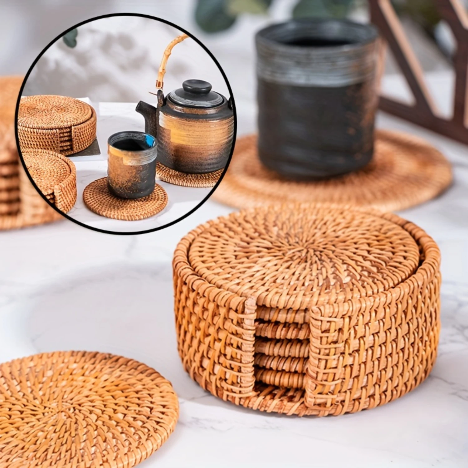 

Handmade Rattan Coasters Tea Cup Holder Box Round Edge Kitchen Table Drinks Crafts