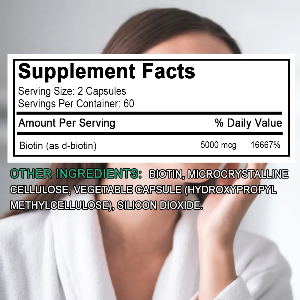 نباتي بيوتين 5000 مكجم - يساعد على تعزيز الشعر الصحي والجلد والأظافر، 30/60/120 كبسولة نباتية، غير وراثيًا