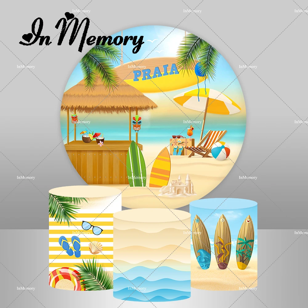 Sandy Beach Surfing Round Backdrop Cover for Kids Summer Birthday Holiday Party Decoration Plinth Covers Background Photo Prop