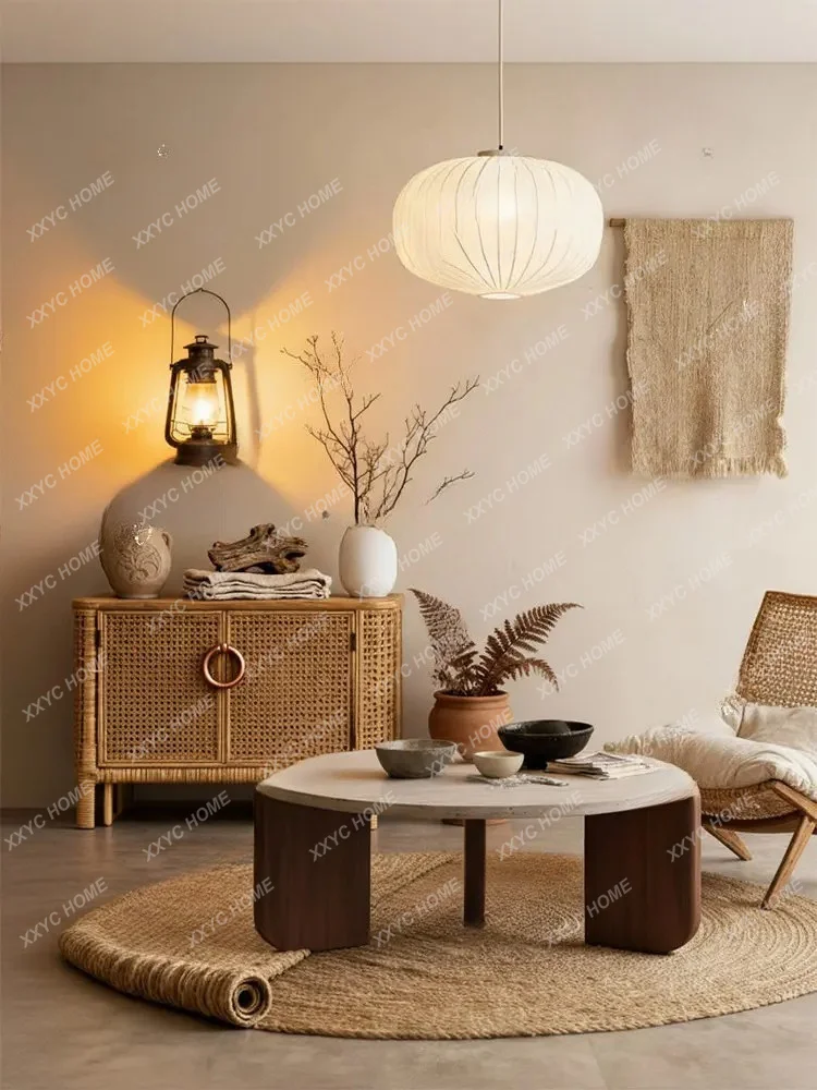 Wabi Sand Wind Minimalist Solid Wood Travertine Coffee Table Small Apartment Living Room Household, Retro, Coffee Table