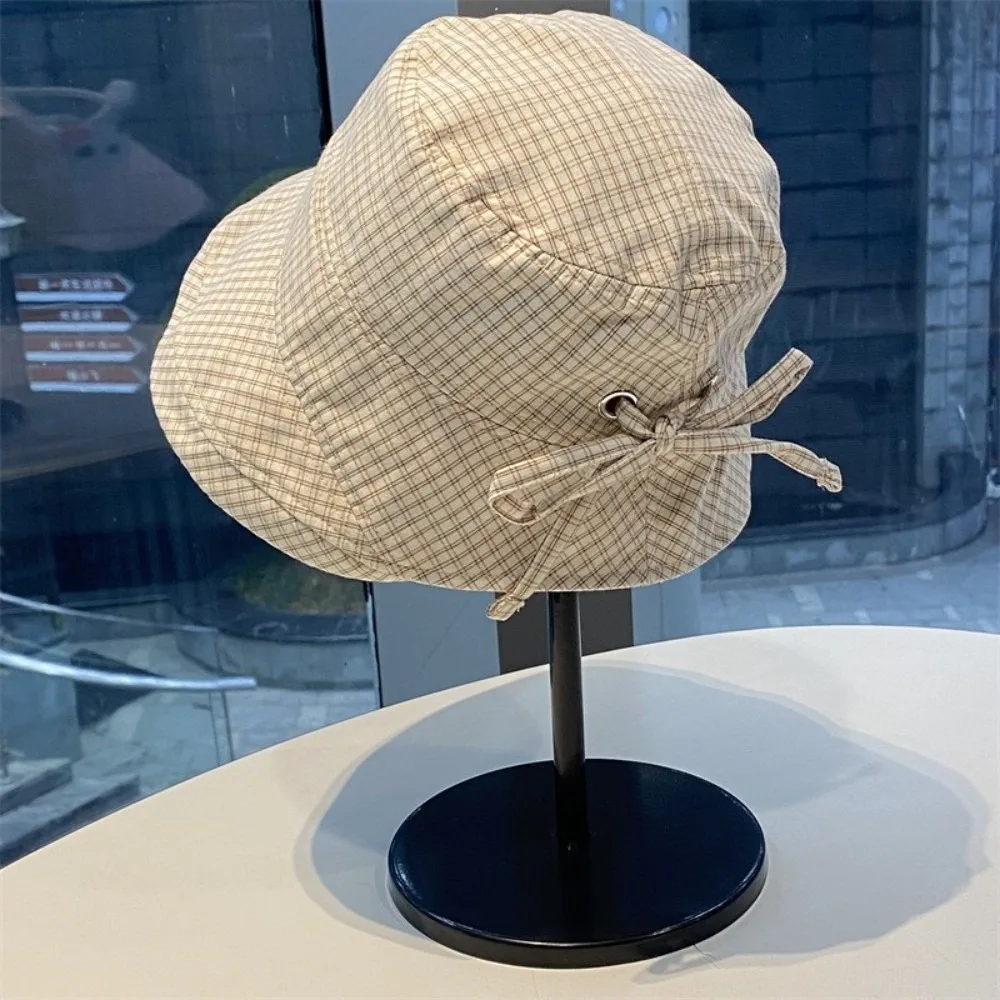 

Fashion Summer Plaid Bucket Cap Quick-dry Bow Plaid Sun Hat Curled Foldable Fisherman Caps Travel