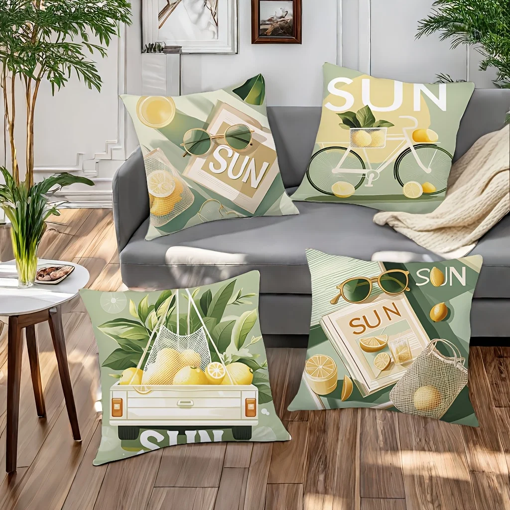 Retro Sun Lemon Pillow Covers,Bicycle Citrus Print Decorative Throw Pillow Cases Summer Fresh Home Decor for Sofa Bed, No Insert