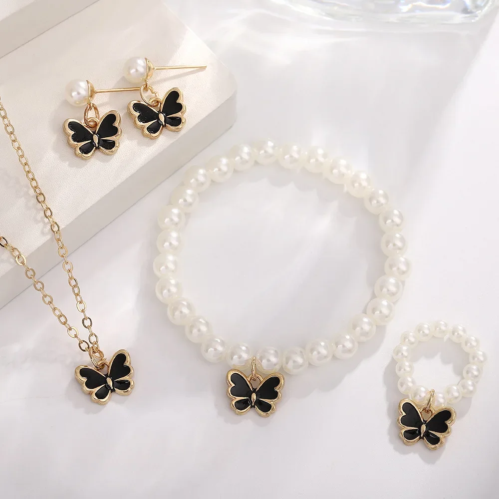 5pcs Set Cute Sweet Pearl Beaed Pink Enamel Butterfly Necklace Bracelet Ring Earring for Women Charm Bride Jewelry Anniversary