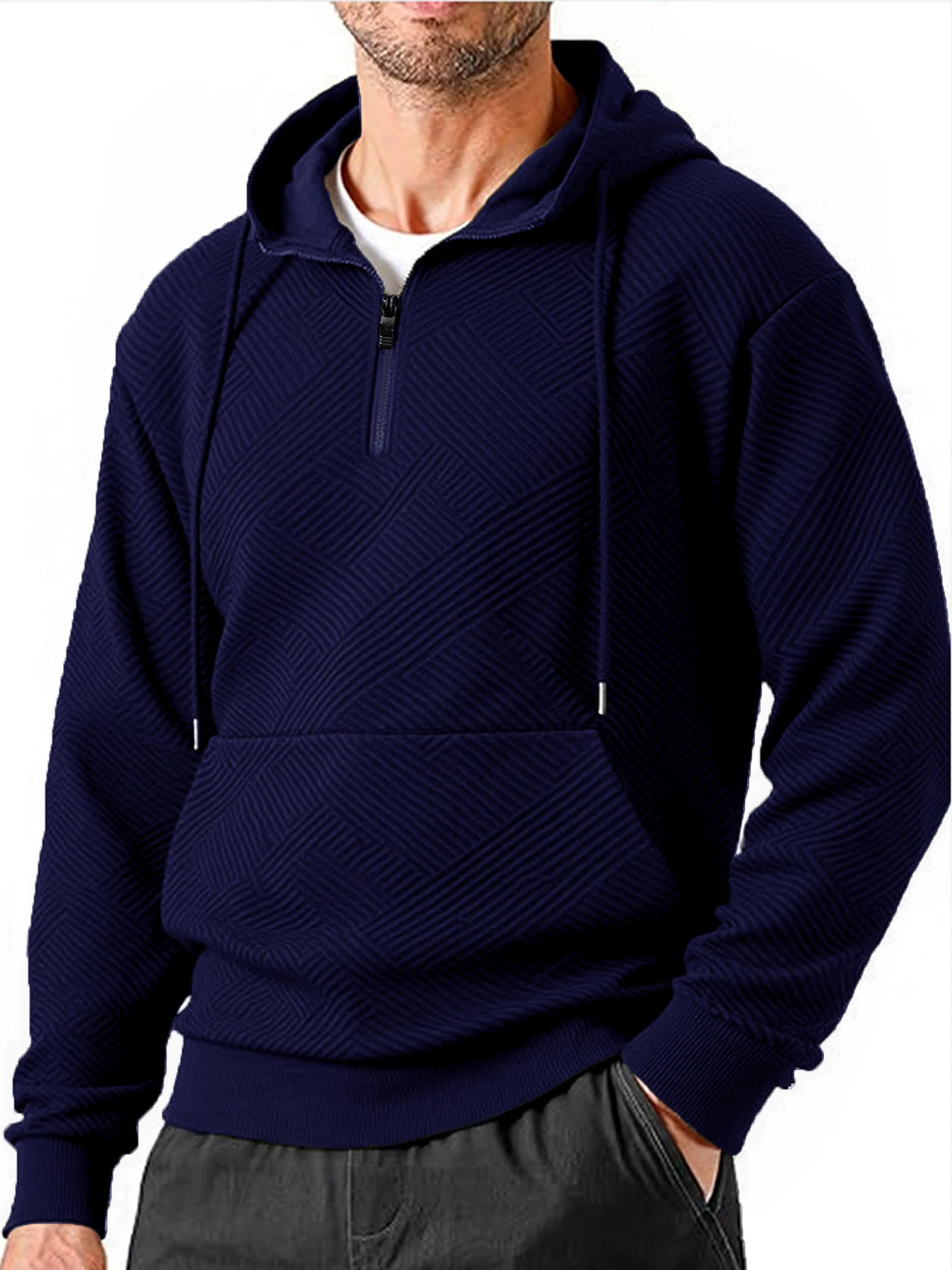 Men Casual Half Zip Hooded Pullover Sweatshirt Geometric Embossed Pattern Drawstring Hood Ribbed Hem And Cuffs