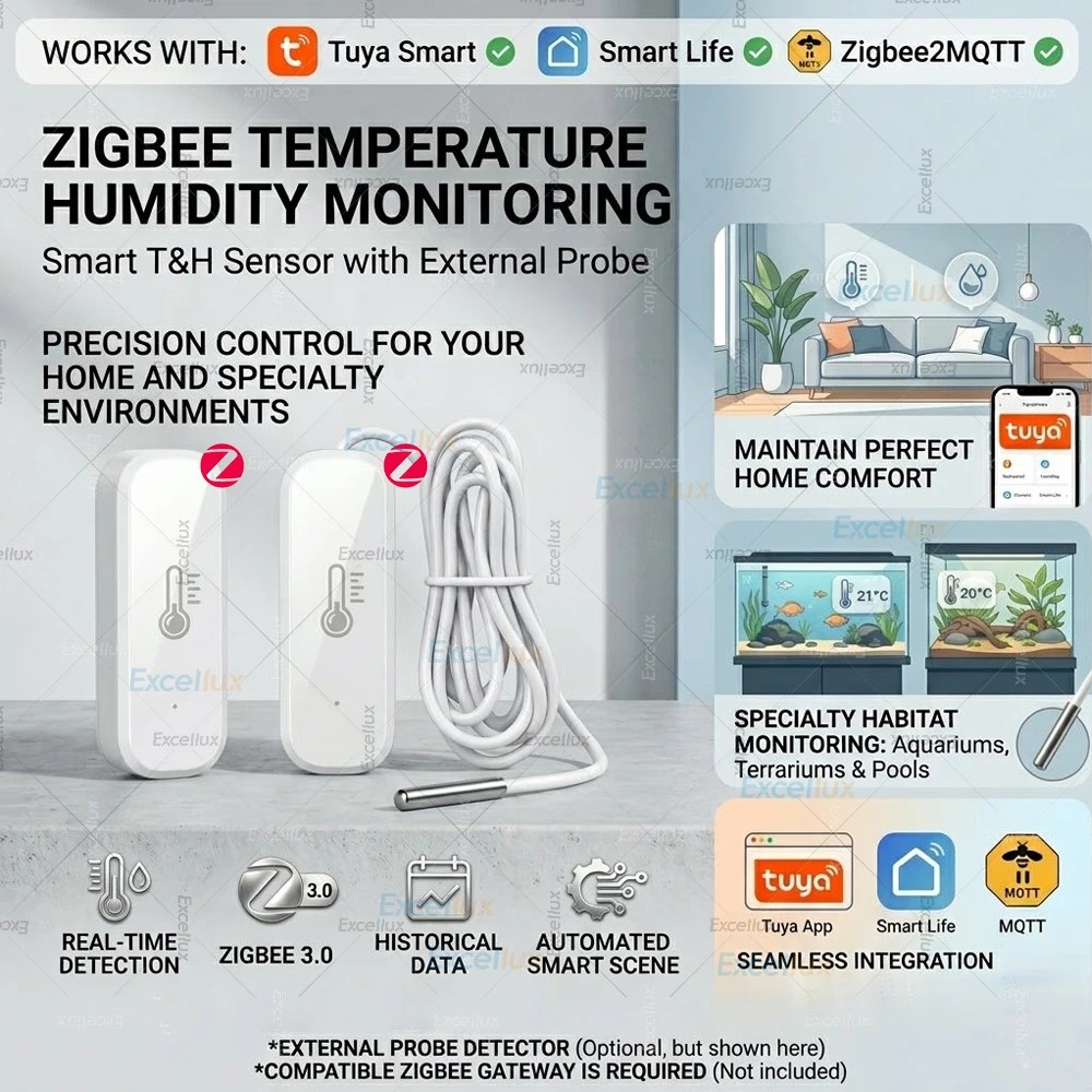 

Датчик температуры и влажности Zigbee с водонепроницаемым датчиком, приложение Tuya Smart Life, Z2M, гигрометр для домашней автоматизации