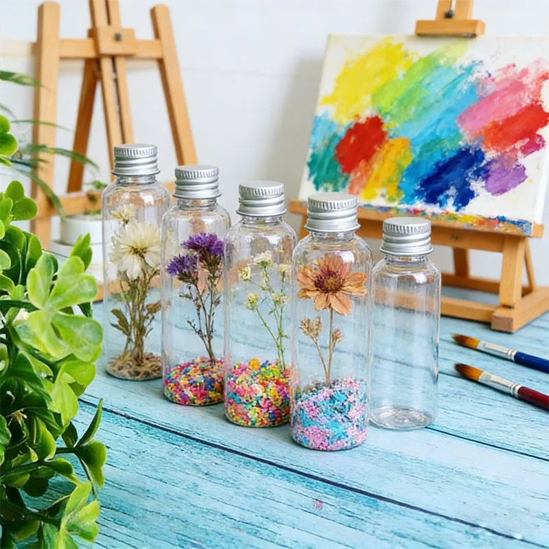 50 Uds. Botellas de plástico PET transparentes vacías portátiles 5/10/20/30/50/60/80/100/120ml con tapa de rosca de aluminio envases cosméticos de viaje