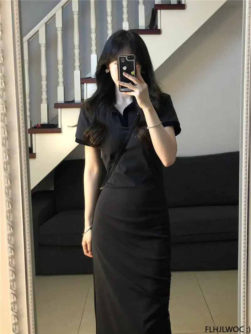 2025 الصيف لطيف الفتيات الحلو النساء كوريا اليابان نمط Preppy عادية كم قصير الصلبة الأسود القطن يمزج تي شيرت فستان