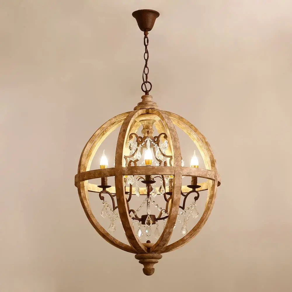 Globe Wooden Chandelier Crystal Lighting With Rustic Metal 5 lights For Living Room Bedroom Suspension Store Dining Room Lamp