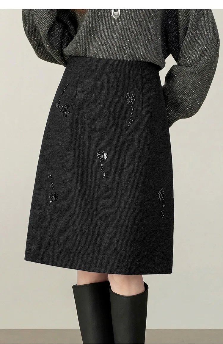 SENTUBILA Damen-Rock 2025, Bürodamen-Wollmischrock mit Pailletten und Perlen, mittellanger Rock, Winterkleidung für Damen 154QF6318 – Detail 28