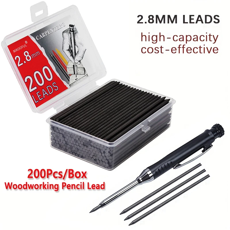 200Pcs/1Box 2.8mm Large Capacity Woodworking Mechanical Pencil Lead Refill, Carpenter Architect Marking Drawing Tool Accessories