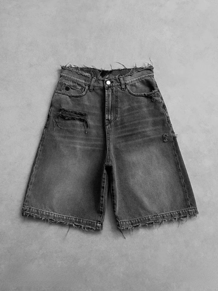 HOUZHOU Washed Ripped Short Jeans Women and Man Hole Embroidery Wide Leg American Retro Jorts Baggy Casual Streetwear Summer