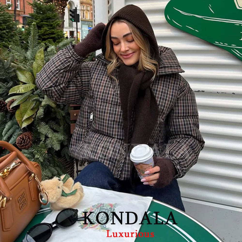 KONDALA Casual Chic Plaid Padded Coats Women Long Sleeve Zipper Pockets Jackets Fashion 2026 Spring Autumn Thick Warm Women Coat