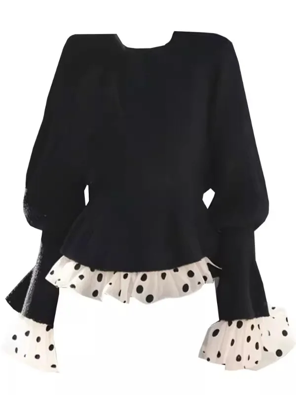 plus Size Women's Black Polka Dot Knitwear Top Waist-Cinching Slimming Autumn Winter Sweater Design Sensation Frock for plus ...