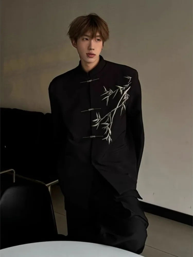 

Новый мужской пиджак в китайском стиле с бамбуковой вышивкой на плечах, повседневный костюмный пиджак Haome Zhongan, повседневное пальто в западном стиле