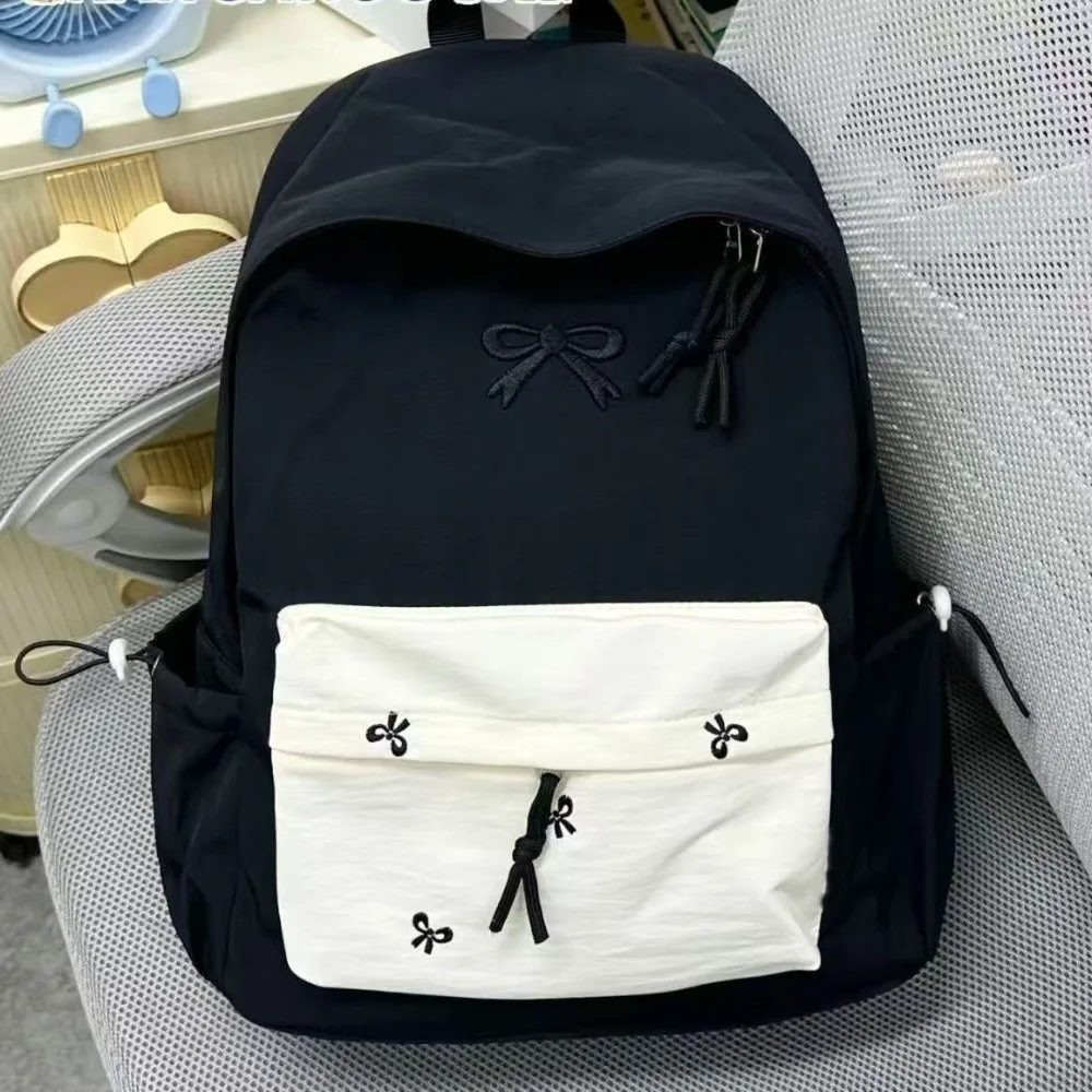 Daypack Canvas Bow Backpack Casual Contrast Color Students School Bag Embroidered Scratch Prevention Large Capacity Backpack