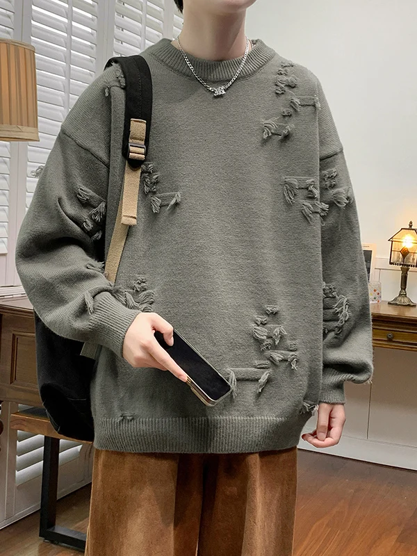 

Мужской вязаный свитер круглого цвета Ne Hole Design, теплый High Street Sle, американский повседневный длинный свек, осенне-зимний топ