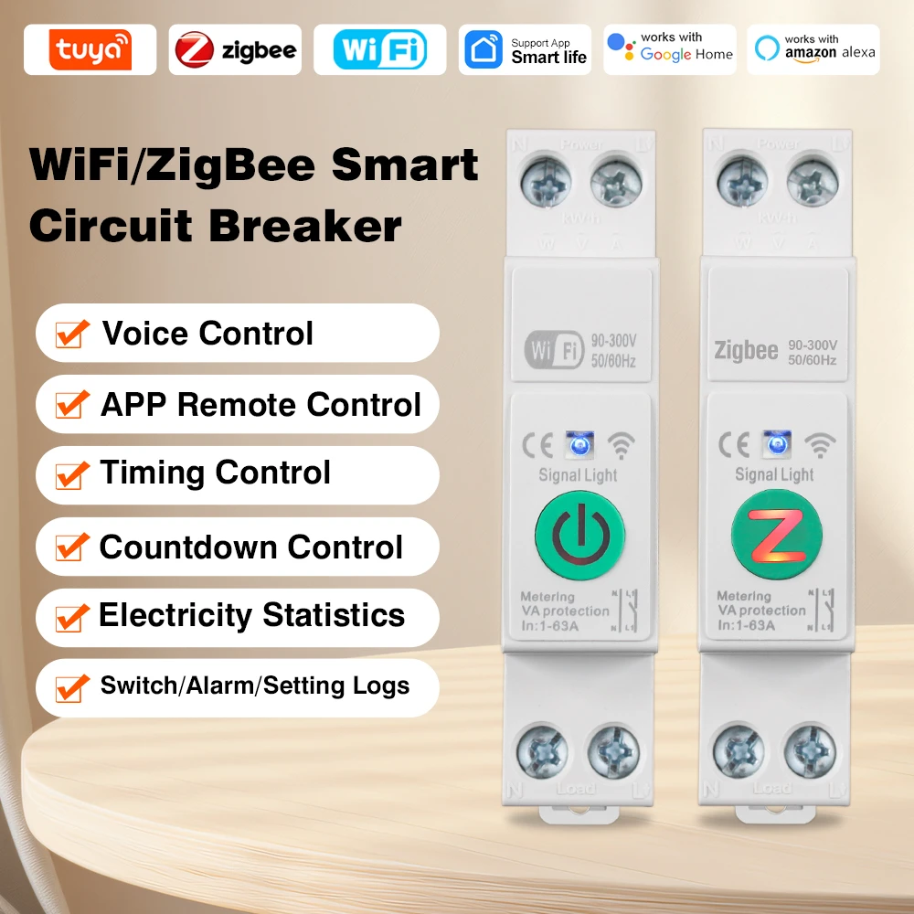 

Tuya WiFi/Zigbee MCB Smart Circuit Breaker Over Current Under Voltage Protection Power Metering 1-63A 1P+N For Google Home Alexa