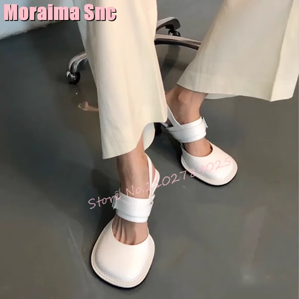 Fashion Round Toe Shallow Pumps Ankle Buckle Strap Metal Heel Leather Women Shoes Spring Summer 2023 White Solid Casual Newest