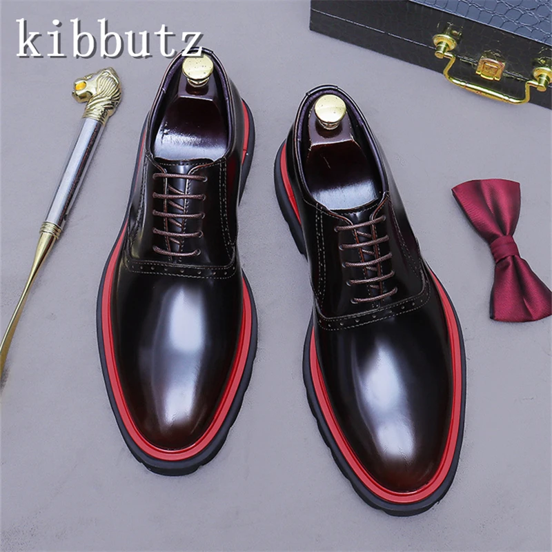 Brand New Men Genuine Leather Shoes Round Toe Lace Up Cowhide Thick Soled Oxfords Leisure Derby Business Shoes