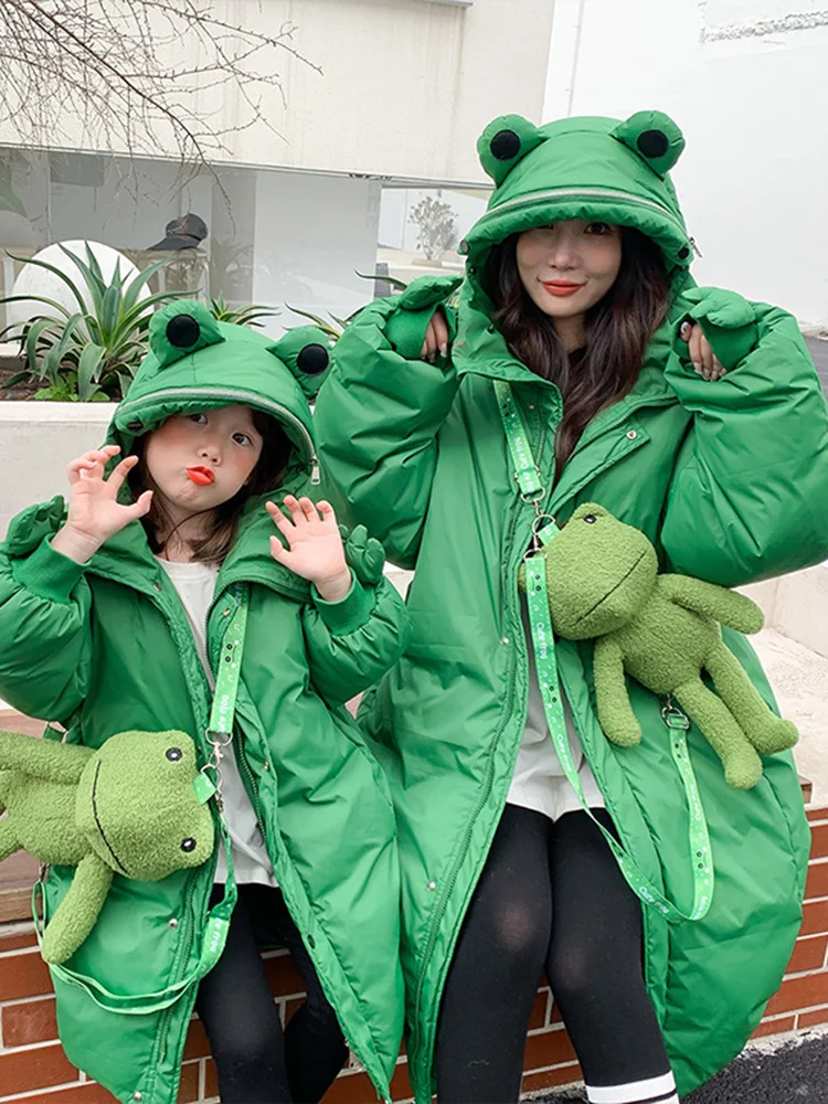 Parent-child Down Jacket Winter Long Family Three Hooded Frog Children\'s Clothing Cartoon Coat Mother and Daughter Clothing