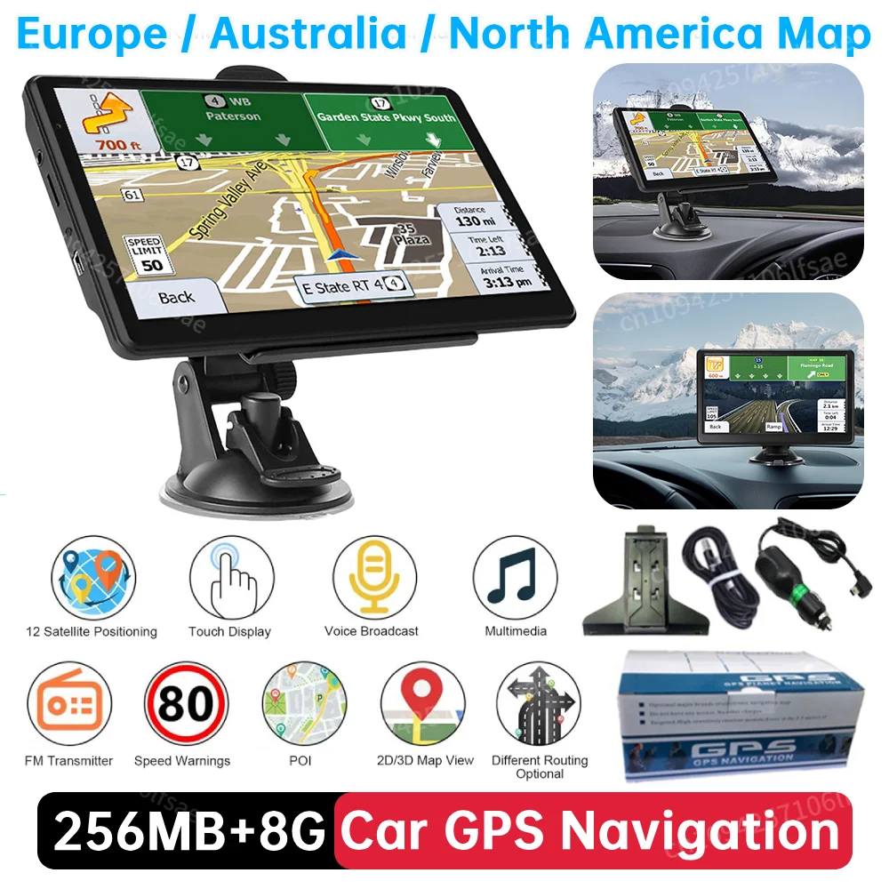 Car GPS Navigation Voice Prompts EU AU US Map 7Inch HD TFT Touch Screen Truck GPS Navigator 256MB+8G Auto Satellite 2025