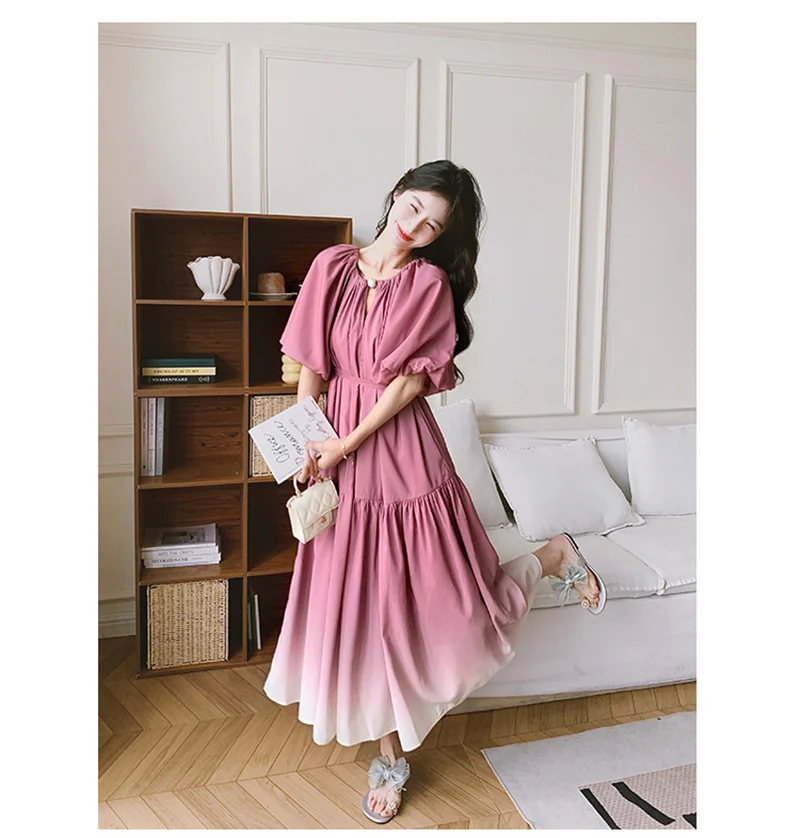 French Gentle Style Dress Women's Summer 2024 New Korean Edition Loose Lantern Sleeves Gradual Flesh Covering First Love Dress