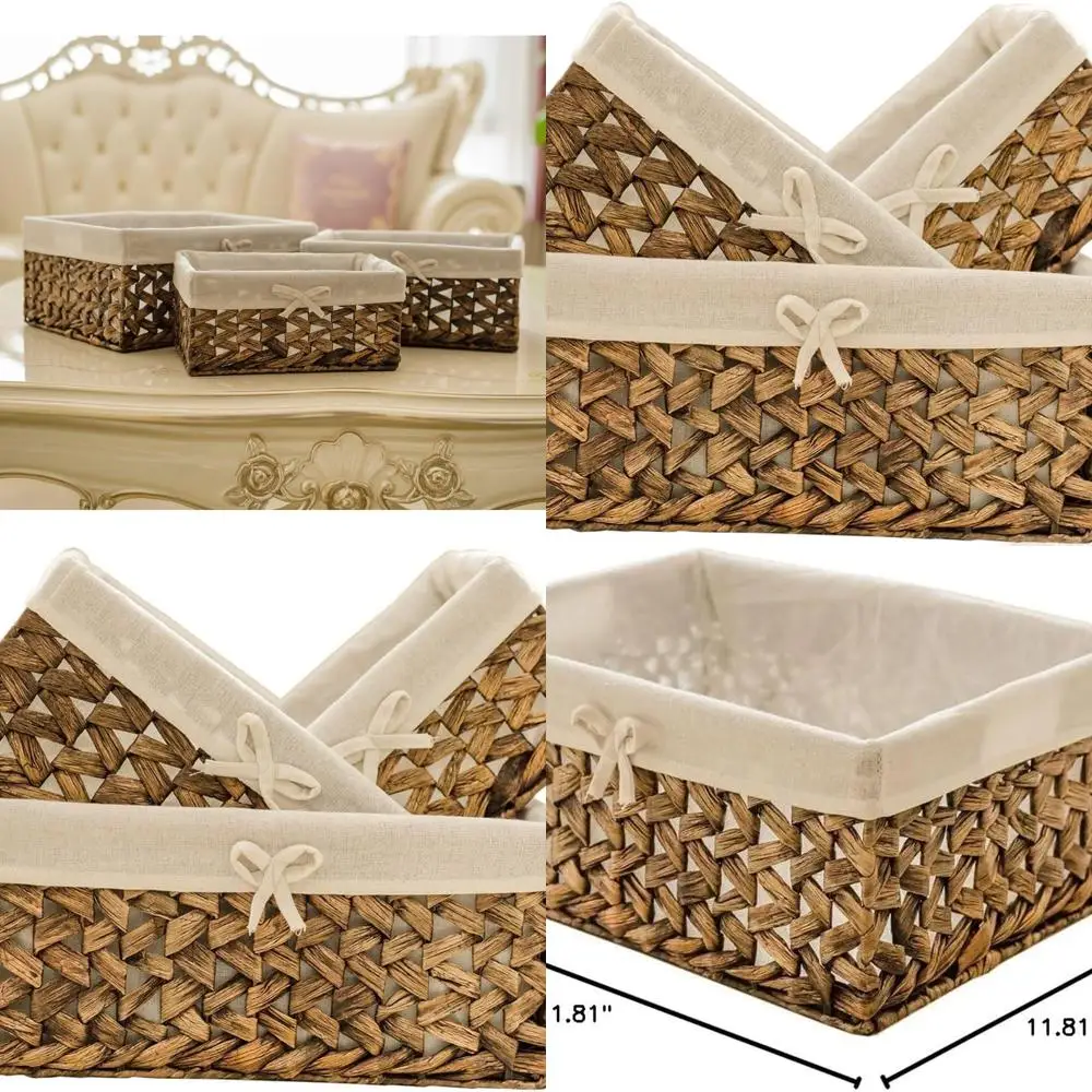 

Set of 3 Seagrass Storage Baskets with Handle, Woven Rectangular, Water Hyacinth Material