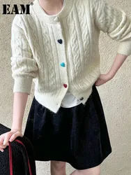 [EAM] Beige Vintage Big Size Knitting Cardigan Sweater O-Neck Long Sleeve Women New Fashion Tide Spring Autumn 2024 1DH7705