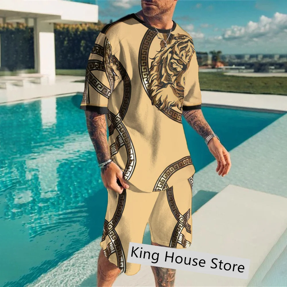 Men Oversized Tracksuit 2 Piece Sets Male Tiger King 3D Print Sports Short Sleeve Beach Sportwear Summer Casual Outfits Suits