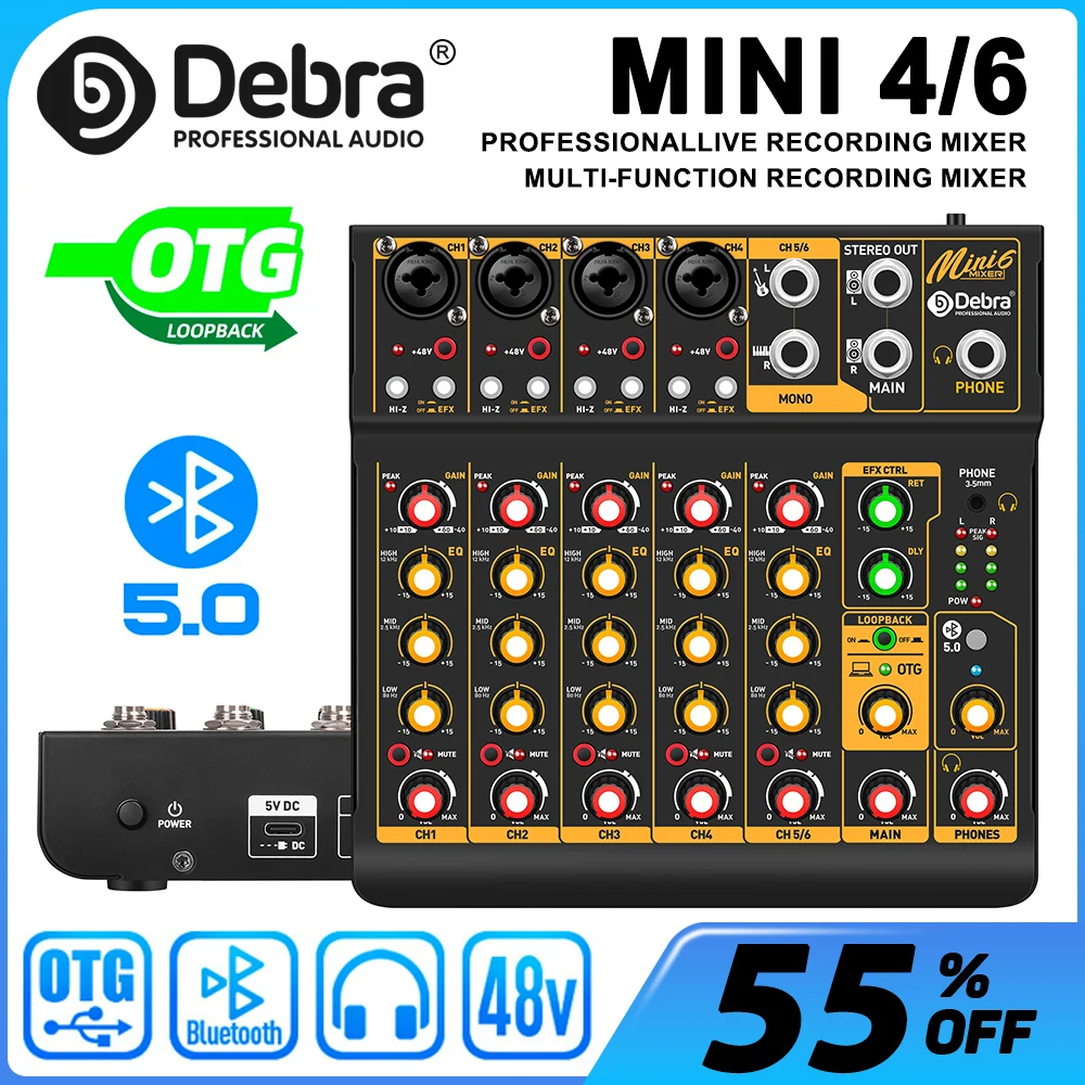 Mini6 6-Channel Audio Mixer, DJ Console with Bluetooth 5.0 OTG Reverb 48V Sound Card for PC Recording, Live Webcasting Mini4