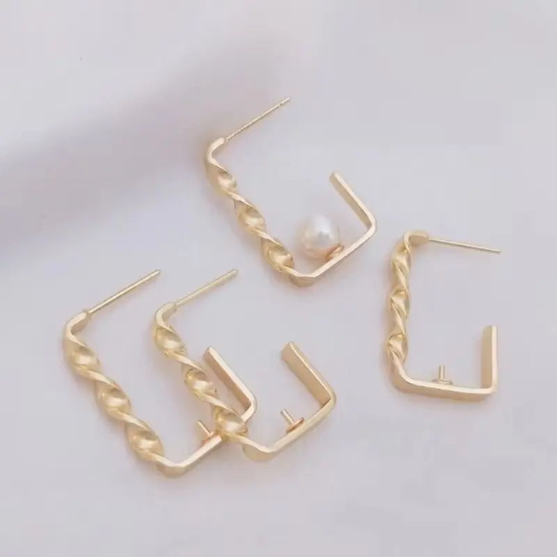 14k Gold Fashion twisted Rectangular Earrings DIY half hole pearl holder needle Earrings manual Earrings accessories