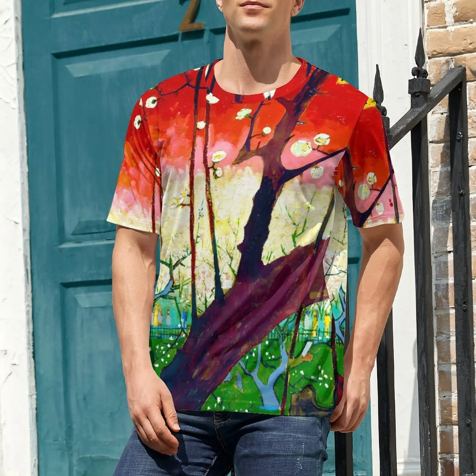 Van Gogh T Shirt For Man Flowering Plum Tree Graphic O Neck T Shirts Summer Vintage Tops Short-Sleeve Plus Size Tees Gift Idea