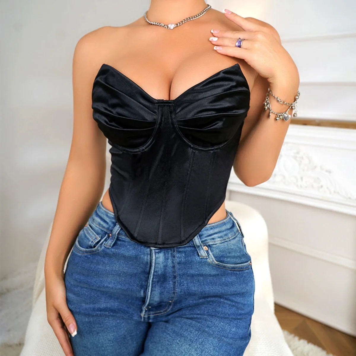 Fashion V-neck Ruched 2024 Crop T Shirt Bra Vest Y2k Tops for Women Clothes Bustier Tube Bra Ropa Interior Femenina Ladies Mujer