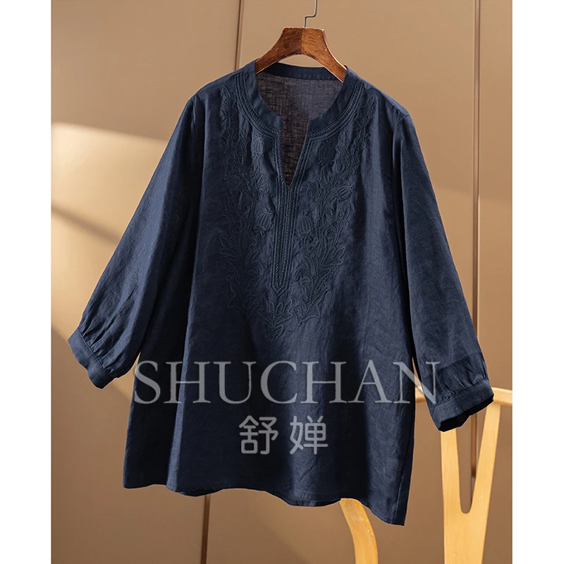 Exquisite Embroidery, French High Quality Linen Loose Crew Neck Blouse Women 7W07  Women Tops