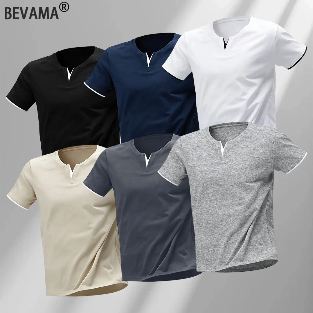 Men's V-neck T Shirt Summer Solid Color Casual Short Sleeved