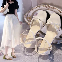 One Word Green Summer 2024 Sandals for Women Bow Pearl Beige Ladies Shoes Footwear Comfortable and Elegant Shoe Korea Sandal F H