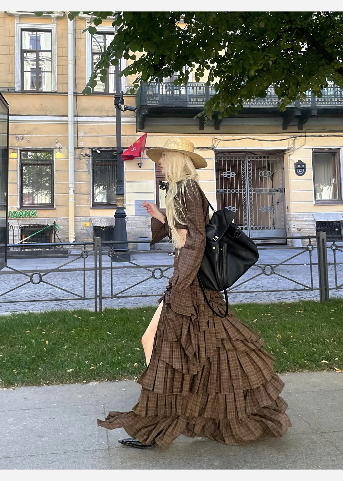 

Original Brown Plaided Short Long Sleeve Blouse and Long Cake Skirt 2pcs Set Women Korean High Street Cool Girls Spring Sets
