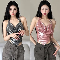 Spring Summer Fashion Korean Version Solid Color Halterneck Hollow Backless Lace-Up Design Slim Sleeveless Camisole Vest