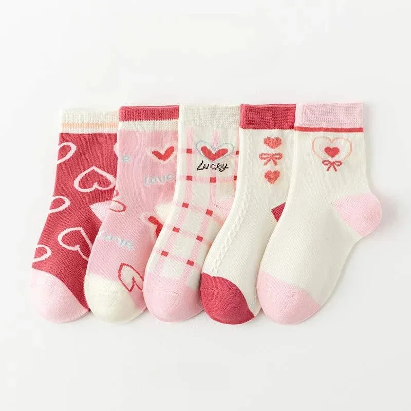 Children's Heart Pattern Socks, respirável, confortável, algodão, bonito, doce, esporte, bebê, infantil, meninas, meninos, crianças, infantil, 5 pares